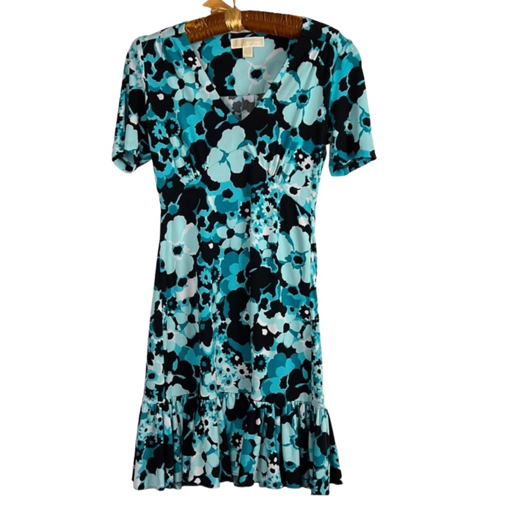 Michael Kors Casual Day V Neck Dress ll Tile Blue Floral Flowers ll Sz:XS